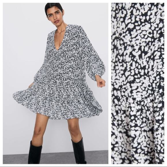 Zara Black White Print V-Neck Ruffle Bottom Vacation Business Shift Dress XS - Picture 1 of 6